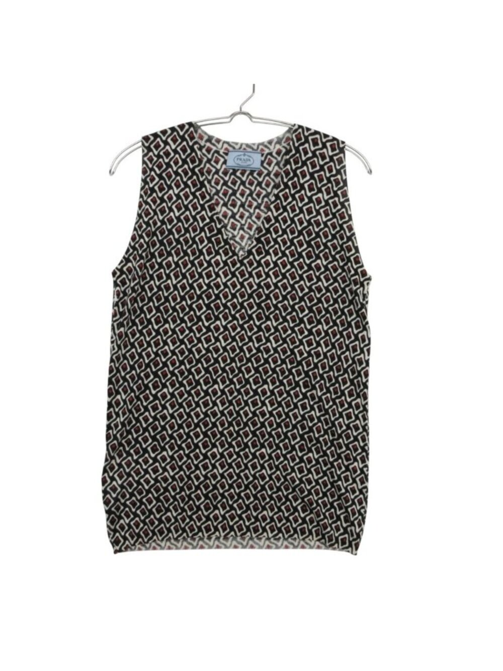 Prada Top Silk Knit Sleeveless V-neck Geometric Pattern All Over Print Top